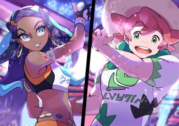 1boy 1girl absurdres aqua_hair beige_headwear belly_chain black_hair blue_eyes blue_eyeshadow blurry blurry_background commentary_request dark-skinned_female dark_skin dive_ball dynamax_band earrings eyelashes eyeshadow freckles gloves green_eyes hat highres holding holding_poke_ball hoop_earrings jewelry makeup making-of_available milo_(pokemon) multicolored_hair navel nessa_(pokemon) nintendo open_mouth parted_lips partially_fingerless_gloves pink_hair poke_ball poke_ball_(basic) pokemon pokemon_swsh pon_yui shirt short_sleeves smile split_screen stadium sun_hat tattoo teeth tongue two-tone_hair