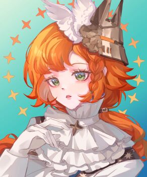 1girl absurdres aqua_background ascot braid braided_sidelock chinese_commentary commentary_request dress gloves green_eyes hair_ornament hand_up highres long_hair looking_at_viewer mofa_shaonu_yuan official_alternate_costume orange_hair portrait reverse:1999 solo sonetto_(reverse:1999) sonetto_(the_steadfast_heart)_(reverse:1999) sparkle triangle_mouth white_ascot white_dress white_gloves wing_hair_ornament