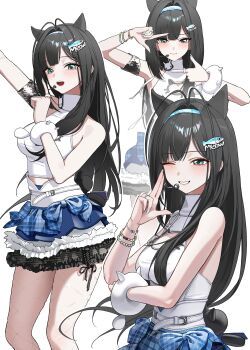 1girl 4meart0112 absurdres aqua_hairband aqua_headband black_hair blue_eyes blue_headband blue_skirt blush breasts cleavage_cutout closed_mouth clothing_cutout commentary fish_hair_ornament goddess_of_victory:_nikke hair_ornament hairband headband headset highres idol large_breasts long_hair looking_at_viewer mint_(nikke) multiple_views one_eye_closed open_mouth shirt skirt sleeveless smile teeth
