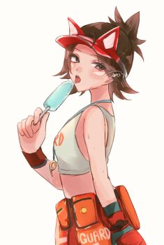 1girl breasts brown_eyes brown_hair crop_top food gloves hat highres kiriko_(overwatch) lifeguard lifeguard_kiriko looking_at_viewer o694699 open_mouth overwatch popsicle red_hat short_hair small_breasts solo tongue tongue_out visor_cap whistle whistle_around_neck white_background