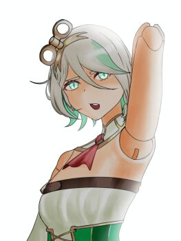arm_up armpits bare_shoulders cecilia_immergreen cecilia_immergreen_(1st_costume) colored_inner_hair commentary detached_sleeves doll doll_joints dot_nose dress english_commentary green_eyes green_hair grey_hair highres hololive hololive_english joints looking_at_viewer mbyssmaw multicolored_hair open_mouth simple_background teeth textless_version upper_teeth_only virtual_youtuber winding_key