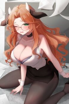 1girl alicja_da_lontano animal_ears black_choker black_skirt blue_bra blush bra bra_peek breasts brown_hair choker cleavage collarbone commentary cow_ears cow_horns english_commentary glasses globie green_eyes highres horns large_breasts long_hair mole mole_under_eye office_lady one_eye_closed open_mouth pantyhose paper round_eyewear second-party_source shirt skirt sleeveless sleeveless_shirt solo twt_vv202 underwear virtual_youtuber white_shirt white_wrist_cuffs wrist_cuffs