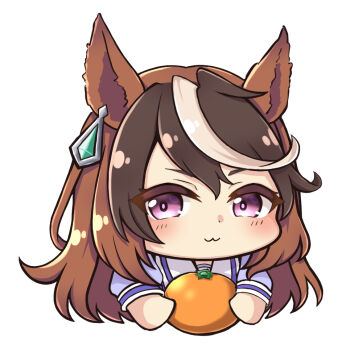 Rule 34 | 1girl, :3, animal ears, blush, brown hair, chibi, closed mouth, commentary request, earrings, food, fruit, hair between eyes, holding, holding food, holding fruit, horse ears, horse girl, jewelry, long hair, looking at viewer, mottarerati zu, multicolored hair, orange (fruit), puffy short sleeves, puffy sleeves, purple eyes, purple shirt, sailor collar, sailor shirt, school uniform, shirt, short sleeves, single earring, smile, streaked hair, symboli rudolf (umamusume), tracen school uniform, umamusume, white hair, white sailor collar