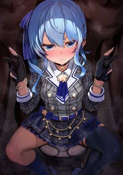 Rule 34 | 1girl, 2boys, annoyed, blue eyes, blue hair, blue shoes, blush, breasts, commentary, hair between eyes, highres, hololive, hoshimachi suisei, hoshimachi suisei (1st costume), jewelry, kajimakoto, kneehighs, looking at viewer, medium hair, multiple boys, on toilet, shoes, single thighhigh, sitting, small breasts, socks, spread legs, star (symbol), steaming body, thick thighs, thighhighs, thighs, untranslatable commentary, v, virtual youtuber
