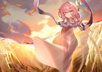 1girl absurdres blue_eyes breasts commentary commission cyrene_(aedes_elysiae)_(honkai:_star_rail) cyrene_(honkai:_star_rail) dress english_commentary gradient_sky hair_ornament highres honkai:_star_rail honkai_(series) looking_at_viewer multicolored_hair pink_hair see-through_clothes see-through_dress short_hair sky small_breasts smile solo two-tone_hair uesi_hibana wheat wheat_field white_dress white_hair