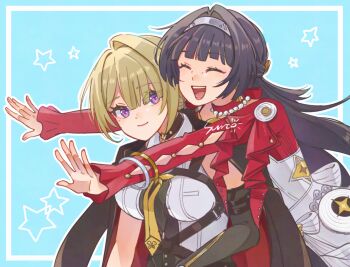 Rule 34 | 2girls, astra yao, behind another, black choker, black coat, black gloves, black hair, black pants, blonde hair, blue background, bracelet, breasts, chest harness, choker, closed eyes, closed mouth, coat, coat on shoulders, commentary request, dress, earrings, elbow gloves, evelyn chevalier, gloves, hair intakes, hairband, harness, high-waist pants, highres, jewelry, large breasts, long hair, looking at another, mole, mole under eye, multiple girls, necklace, necktie, open mouth, outline, pants, pearl necklace, purple eyes, red shrug, shirt, shrug (clothing), single elbow glove, smile, star (symbol), sun (knp ta1y0), uneven bangs, white dress, white hairband, white outline, white shirt, yellow necktie, yuri, zenless zone zero