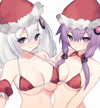 2girls absurdres bikini blue_eyes blush breasts closed_mouth collar collarbone commentary_request detached_collar diieru fur-trimmed_headwear fur_trim grey_hair hair_between_eyes hair_ornament hat highres kizuna_akari large_breasts long_hair looking_at_viewer medium_breasts multiple_girls purple_eyes purple_hair red_bikini red_collar red_hat santa_hat simple_background small_sweatdrop smile sweat swimsuit upper_body vocaloid voiceroid white_background wing_collar yuzuki_yukari