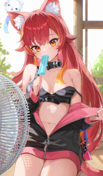1girl absurdres animal_collar animal_ear_fluff animal_ears belt black_belt black_collar black_jacket blush bra breasts cat_ears cat_girl cat_tail collar commentary_request electric_fan food grey_bra highres holding holding_food holding_popsicle indoors jacket jinami_(273_j2) large_breasts long_hair looking_at_viewer multicolored_hair navel nekota_tsuna nekota_tsuna_(1st_costume) orange_eyes orange_hair partially_open_jacket popsicle red_hair sitting solo strap_slip streaked_hair striped_bra striped_clothes sweat tail two-sided_fabric two-sided_jacket underbust underwear very_long_hair virtual_youtuber vspo!