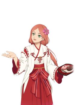 1girl artist_request eleanor_hume flower food game_cg green_eyes hair_flower hair_ornament holding holding_tray japanese_clothes miko official_art open_mouth pink_hair plate smile solo tales_of_(series) tales_of_asteria tales_of_berseria third-party_source transparent_background tray