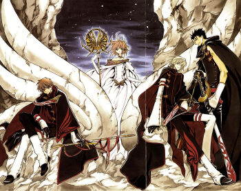 1girl 3boys absurdres black_gloves black_hair blonde_hair brown_hair cape clamp dress fai_d._flowright gloves highres kurogane_(tsubasa_chronicle) looking_at_viewer multiple_boys sakura_hime short_hair sitting staff sword tsubasa_chronicle weapon white_dress xiaolang