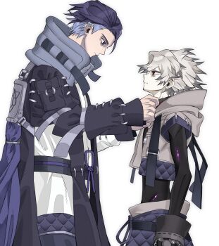 2boys arm_pouch cowboy_shot gachiakuta grey_hair grey_jacket height_difference highres jacket looking_at_another male_focus multicolored_hair multiple_boys namuru_(7_mu_ru) pale_skin pouch purple_eyes purple_hair red_eyes rudo_surebrec simple_background spiked_hair standing two-tone_hair white_background zodyl_typhon