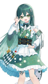 Rule 34 | 1girl, apron, bare shoulders, black corset, blush, claw pose, collar, colored inner hair, corset, crossed bangs, detached sleeves, feet out of frame, fish, floral print, floral print kimono, flower-shaped pupils, flower hairpin, flower knot, frilled collar, frilled skirt, frilled socks, frilled thigh strap, frills, green eyes, green hair, green kimono, green ribbon, green tail, hand on own hip, hand up, highres, japanese clothes, kimono, kimono skirt, kneehighs, lizard tail, long hair, long sleeves, looking at viewer, maid apron, multicolored hair, neck ribbon, nijisanji, obiage, obijime, open mouth, print kimono, ribbon, simple background, skirt, smile, socks, solo, standing, stmnspr, symbol-shaped pupils, tail, tail under clothes, tassel, thigh strap, togawa nonoha, virtual youtuber, waist apron, white background, white ribbon, white sleeves