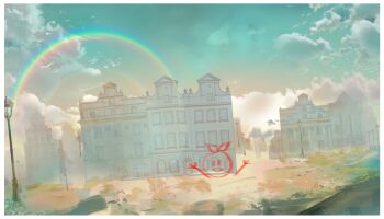 absurdres archionturkey border building cloud cloudy_sky day genshin_impact highres lamppost no_humans outdoors painterly rainbow scenery simple_bird sky white_border