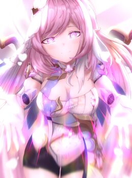 1girl black_shorts breasts cleavage commentary corset diamond-shaped_pupils diamond_(shape) elf elysia_(herrscher_of_human:_ego)_(honkai_impact) elysia_(honkai_impact) gloves highres honkai_(series) honkai_impact_3rd large_breasts long_hair looking_at_viewer meluluko multicolored_hair pink_hair pointy_ears purple_eyes reaching reaching_towards_viewer short_shorts shorts smile solo symbol-shaped_pupils triquetra two-tone_hair very_long_hair white_corset white_gloves white_hair