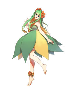 1girl :d absurdres barefoot bellossom blonde_hair colored_inner_hair dress flower flower_anklet flower_necklace gen_2_pokemon green_dress green_hair hair_flower hair_ornament highres jewelry lei looking_at_viewer multicolored_hair necklace nintendo open_mouth personification pokemon simple_background smile standing standing_on_one_leg sunuo_de_justwe_zidong_shou_huoji tiptoes two-tone_dress white_background yellow_dress