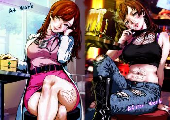 1girl absurdres badge beer_mug before_and_after belt black_belt black_boots boots breasts brown_eyes cleavage commentary_request cup goth_fashion gothic_punk highres infirmary lab_coat legs long_hair makeup mug navel nurse oeilvert_fft original pants pink_skirt simple_background sitting skirt smoking stomach thighs torn_clothes torn_pants