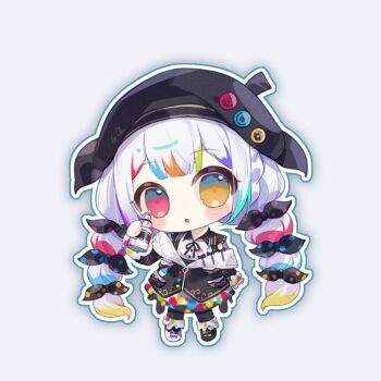 1girl :o artist_painter beret bow chibi chibi_only chinese_commentary commentary_request full_body grey_background hat heterochromia holding holding_spray_can jogasaki_noah long_hair long_sleeves looking_at_viewer mahou_shoujo_no_majo_saiban multi-tied_hair multicolored_hair neck_ribbon open_mouth outline paintbrush polka_dot polka_dot_bow qiannie ribbon solo spray_can standing streaked_hair very_long_hair white_hair white_outline yellow_eyes