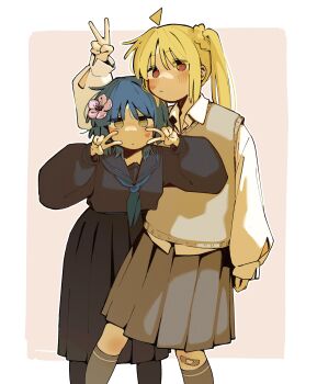 Rule 34 | 2girls, absurdres, ahoge, bandaid, bandaid on knee, bandaid on leg, black sailor collar, black serafuku, black shirt, black skirt, blue hair, blue neckerchief, blush, bocchi the rock!, detached ahoge, double v, flower, grey socks, grey vest, hair flower, hair ornament, highres, ijichi nijika, long hair, long skirt, looking at viewer, machuuu68, medium hair, multiple girls, neckerchief, pleated skirt, red eyes, sailor collar, school uniform, serafuku, shirt, side ponytail, skirt, socks, v, vest, white shirt, yamada ryo, yellow eyes, yuri