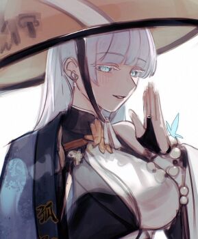 1girl beads blue_butterfly blue_eyes breasts bug butterfly colored_eyelashes goddess_of_victory:_nikke hat highres insect jingasa mole mole_on_breast monk nasubin_bin nayuta_(nikke) simple_background smile solo split-color_clothes thick_eyelashes unusually_open_eyes upper_body white_background