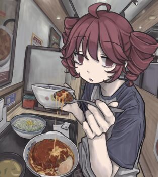 Rule 34 | 1girl, absurdres, ahoge, alternate costume, bags under eyes, casual, depressed, drill hair, gudon udon, hair between eyes, hamburger steak, highres, holding, holding spoon, indoors, jitome, kasane teto, looking at viewer, miso soup, muted color, no pupils, pale skin, parted lips, raglan sleeves, red eyes, red hair, restaurant, solo, spoon, tray, twin drills, upper body, utau