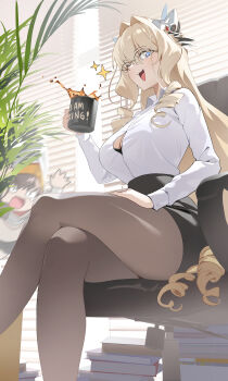<|>_<|> 2girls :3 absurdres beanie bespectacled black_pantyhose black_skirt blinders blonde_hair blue_eyes book book_stack braid breasts brown_hair button_gap chair chime_(nikke) cleavage coffee coffee_mug collared_shirt commentary crossed_legs crown_(nikke) cup drill_hair glasses goddess_of_victory:_nikke hair_between_eyes hair_intakes hat helmet highres holding holding_cup indoors large_breasts long_hair long_sleeves looking_at_viewer motion_blur mug multiple_girls office office_chair office_lady on_chair open_mouth pantyhose pencil_skirt shirt sidelocks sitting skirt smile sparkle spilling sweater_vest swivel_chair thighs very_long_hair wge white_knight_(nikke) white_shirt yellow_hat