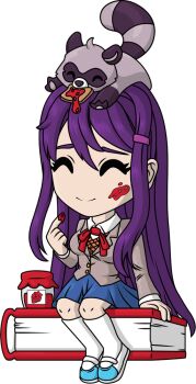 1girl ^_^ animal animal_on_head artist_request blazer blue_skirt book bread bread_slice breasts closed_eyes closed_mouth collared_shirt commentary deformed doki_doki_literature_club doki_doki_literature_club_school_uniform english_commentary eyelashes food food_in_mouth food_on_face food_on_hand full_body grey_jacket hair_between_eyes hair_ornament hairclip jacket jam jar long_hair long_sleeves merchandise_available mouth_hold neck_ribbon no_nose official_art on_head orange_sweater_vest purple_hair raccoon red_ribbon ribbon school_uniform second-party_source shirt shoes sitting skirt smile socks solo sweater_vest toast toast_in_mouth transparent_background white_shirt white_shoes white_socks youtooz yuri_(doki_doki_literature_club)