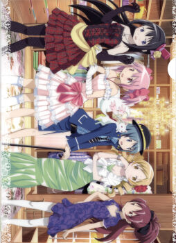 5girls absurdres akemi_homura arms_up black_hair black_socks blonde_hair blue_eyes blue_hair cane chandelier china_dress chinese_clothes dress drill_hair exif_rotation flower green_dress hair_flower hair_ornament hair_ribbon hand_on_own_hip hat highres holding holding_cane incredibly_absurdres jewelry kaname_madoka kyubey long_hair mahou_shoujo_madoka_magica miki_sayaka multiple_girls necklace non-web_source official_art pink_dress pink_eyes pink_hair plaid_clothes plaid_dress ponytail purple_dress purple_eyes red_eyes red_hair ribbon sakura_kyoko scan self-scan shawl shop short_hair smile socks tomoe_mami twintails waist_ribbon white_shawl white_socks yellow_eyes