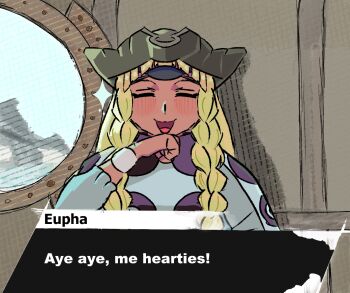 Rule 34 | 1girl, blonde hair, braid, dark-skinned female, dark skin, eupha (metaphor: refantazio), extra eyes, eyepatch, hat, headgear, indoors, long hair, metaphor: refantazio, one eye covered, patterned clothing, pirate hat, pompeumg, poncho, round window, source quote, third eye, triclops, tricorne, window