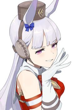 1girl absurdres animal_ears armband blunt_bangs bow bowtie breasts brown_hat commentary_request dress ear_bow ear_covers ear_ribbon fuse_gomame gloves gold_ship_(red_strife)_(umamusume) gold_ship_(umamusume) grey_hair hat highres horse_ears horse_girl horseshoe_ornament long_hair looking_at_viewer pillbox_hat purple_bow purple_eyes sailor_collar sailor_shirt shirt smile solo striped_armband striped_clothes umamusume