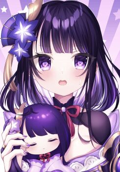 1girl absurdres armor blunt_bangs blush breasts bridal_gauntlets character_doll cleavage close-up commentary_request doll fan_hair_ornament genshin_impact hair_ornament highres holding holding_toy huge_breasts japanese_clothes kimono long_hair looking_at_viewer miitaodao mole mole_under_eye neck_ribbon off_shoulder open_mouth purple_background purple_eyes purple_hair purple_kimono raiden_shogun red_ribbon ribbon shoulder_armor solo standing statue statue_of_her_excellency_(genshin_impact) surprised sweatdrop toy upper_body