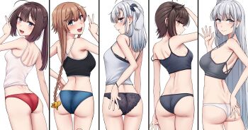 absurdres ahoge akizuki_(kancolle) ass back black_bra black_camisole black_hair black_panties blue_eyes blue_panties bra braid breasts brown_eyes brown_hair camisole commentary_request from_behind fuyutsuki_(kancolle) grey_bra grey_eyes grey_hair hair_ornament hatsuzuki_(kancolle) highres index_finger_raised kantai_collection kiritto long_hair looking_at_viewer looking_back medium_breasts one_side_up open_mouth panties ponytail propeller_hair_ornament red_panties short_hair simple_background smile spaghetti_strap suzutsuki_(kancolle) teeth teruzuki_(kancolle) twin_braids underwear underwear_only upper_teeth_only very_long_hair w waving white_background white_camisole white_panties
