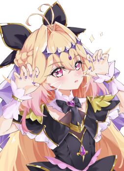 Rule 34 | 1girl, absurdres, antenna hair, black bow, black dress, black necktie, blonde hair, bow, braid, brooch, claw pose, commentary request, cure arcana shadow, dress, earrings, fingernails, gradient hair, hair intakes, hair ornament, half up braid, heart, heart brooch, highres, jewelry, long hair, magical girl, meitantei precure!, moria luluka, multicolored hair, nail polish, necktie, pink eyes, pink hair, precure, purple nails, purple veil, ryoasa, simple background, solo, veil, white background