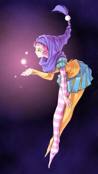 1girl asymmetrical_legwear asymmetrical_sleeves blue_skirt closed_eyes closed_mouth curly_hair facial_mark floating full_body glowing hand_on_own_thigh hand_up hood hood_up jester kita_senri leaning_forward long_sleeves makeup miniskirt mismatched_legwear mismatched_sleeves multicolored_pantyhose no_shoes orange_pantyhose orange_shirt original pantyhose pink_hair pink_pantyhose pink_sleeves purple_hood shirt short_hair skirt sleeves_past_wrists solo star_(symbol) star_facial_mark striped_clothes striped_pantyhose striped_sleeves