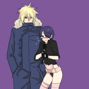 coat cosplay eden_no_ori ghost_in_the_shell glasses highleg hood jacket kouichi_yarai kusanagi_motoko laughing_man_(gits) lowres motoko_kurusu short_hair teacher_and_student thighhighs