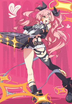 1girl ama_rei bare_shoulders black_boots black_ribbon black_shorts blush boots breasts character_name clothing_cutout commentary_request crop_top cutoffs earrings fur-trimmed_shorts fur_trim green_eyes hair_between_eyes hair_ornament hairclip heart heart_earrings heart_necklace highres holding holding_suitcase jewelry large_breasts long_hair looking_at_viewer micro_shorts midriff_peek mole mole_on_thigh mole_under_eye necklace nicole_demara one_eye_closed open_mouth pink_background pink_hair ribbon shorts shoulder_cutout single_thighhigh solo sparkle strapless suitcase thighhighs torn_clothes torn_thighhighs tube_top two_side_up white_tube_top zenless_zone_zero