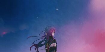 Rule 34 | 1boy, black jacket, blade (honkai: star rail), dusk, floating hair, gradient hair, highres, honkai: star rail, honkai (series), jacket, long hair, male focus, multicolored hair, outdoors, rz5on, sky, solo, star (sky), starry sky, upper body