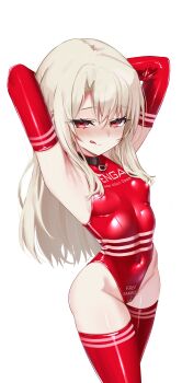 1girl :q absurdres armpits arms_behind_head arms_up bare_shoulders black_choker blonde_hair blush breasts choker collar collarbone covered_navel cowboy_shot crotch_zipper elbow_gloves fate/kaleid_liner_prisma_illya fate_(series) gloves half-closed_eyes highleg highres illyasviel_von_einzbern kiari_art latex latex_gloves latex_leotard latex_thighhighs leotard licking_lips loli long_hair looking_at_viewer o-ring o-ring_choker open_mouth original red_eyes red_leotard shiny_clothes skin_tight sleeveless small_breasts smile solo tenga thighhighs tongue tongue_out zipper