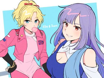 2girls aeug blonde_hair blowing_bubble_gum blue_eyes breasts character_name chewing_gum cleavage commentary_request elle_vianno gundam gundam_team gundam_zz high_ponytail highres jacket long_hair looking_at_viewer multiple_girls off_shoulder ogura_(onigiritakusan) pink_jacket ponytail purple_hair red_eyes roux_louka