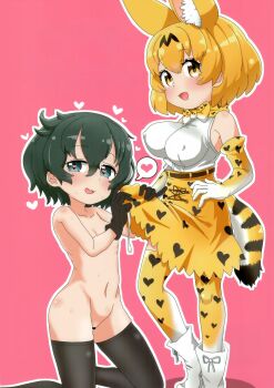 Rule 34 | 2girls, :d, animal ear fluff, animal ears, animal print, bare shoulders, black eyes, black gloves, black hair, black thighhighs, blonde hair, blue eyes, blush, boots, bow, bowtie, breasts, bulge, censored, clothes lift, clothes pull, collarbone, covered erect nipples, cum, duplicate, elbow gloves, erection, erection under clothes, extra ears, fang, futa with female, futanari, gloves, green hair, hair between eyes, heart, heart-shaped pupils, high-waist skirt, highres, kaban (kemono friends), kemono friends, kneeling, large breasts, looking at viewer, multiple girls, navel, nekonyan (inaba31415), nipples, non-web source, nude, open mouth, orange bow, orange bowtie, outline, pale skin, penis, pink background, pixel-perfect duplicate, print bow, print bowtie, print gloves, print skirt, serval (kemono friends), shirt, short hair, simple background, skirt, skirt lift, skirt pull, sleeveless, sleeveless shirt, small breasts, smile, source request, speech bubble, spoken heart, standing, striped tail, sweat, symbol-shaped pupils, tail, thighhighs, traditional bowtie, two-tone bow, two-tone bowtie, wavy hair, white bow, white bowtie, white outline, white shirt, yellow bow, yellow eyes, yellow skirt