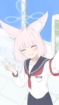1girl :d ^_^ animal_ear_fluff animal_ears arm_up armband black_sailor_collar black_skirt blue_archive blue_halo blunt_bangs blurry blurry_background blush closed_eyes collarbone commentary_request facing_viewer fox_ears fox_girl grin half_updo halo hand_up happy highres indoors long_sleeves medium_hair neckerchief niko_(blue_archive) open_mouth pink_hair pleated_skirt red_armband red_neckerchief sailor_collar sailor_shirt selfie shirt skirt smile solo sueoki_makura v white_shirt window