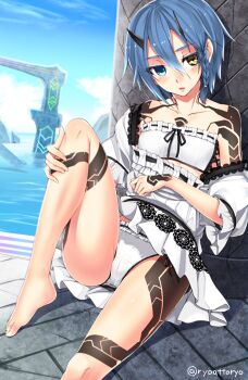 Rule 34 | 1girl, barefoot, blue eyes, blue hair, blush, female focus, heterochromia, horns, io (pso2), looking at viewer, matching hair/eyes, md5 mismatch, panties, phantasy star, phantasy star online 2, resolution mismatch, ribbon-trimmed clothes, ribbon-trimmed underwear, ribbon trim, ryou@ryou, short hair, solo, source larger, tattoo, underwear