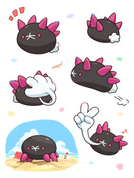 absurdres animal_focus beach bucket cloud commentary_request day gen_7_pokemon highres neko_gyoza nintendo no_humans outdoors pink_eyes pokemon pokemon_(creature) pyukumuku sand sandygast seashell shell stick upside-down white_background