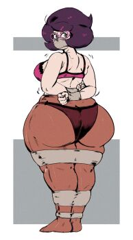1girl ass big_hair bound bound_legs bound_wrists bra commission curvy from_behind gag highres huge_ass improvised_gag nintendo panties pink-framed_eyewear pink_bra pokemon pokemon_sm purple_hair redblacktac solo standing tape tape_bondage tape_gag thick_thighs thighs underwear wicke_(pokemon) wide_hips