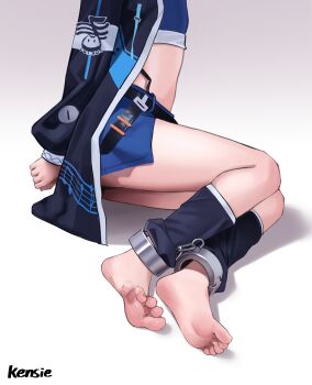 Rule 34 | 1girl, absurdres, artist name, barefoot, blue jacket, blue shirt, blue shorts, bound, bound ankles, bound legs, bound wrists, commentary request, crop top, cuffs, feet, from side, highres, jacket, kensiejan, loose socks, original, restrained, shackles, shadow, shirt, shorts, socks, soles, solo, toes