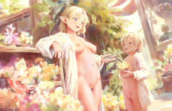 3girls bigrbear blonde_hair blue_eyes breasts cleft_of_venus day flat_chest flower flower_pot green_eyes highres holding holding_flower_pot loli looking_at_another medium_breasts multiple_girls naked_robe navel nipples open_clothes open_mouth open_robe original outdoors pointy_ears pussy robe short_hair uncensored