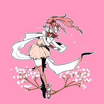 1girl bare_shoulders belt bracelet cherry_blossoms closed_eyes commentary dancing dress final_fantasy final_fantasy_iv floating_hair floral_background full_body high_ponytail jewelry long_hair mochi_(hanamaruudondesu) parted_bangs pink_background pink_dress pink_hair pink_thighhighs ponytail porom porom_(adult) sandals short_dress solo thighhighs