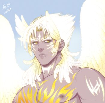 1boy angel_jin angel_wings autumn_sacura gold_hair gold_wings kazama_jin male_focus namco silver_skin tekken tekken_8 wings