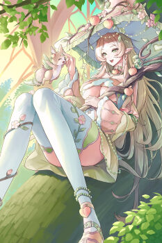 1girl absurdres ankle_belt bare_shoulders bead_necklace beads blonde_hair breasts choker cleavage commentary_request commission day detached_sleeves dress earrings elf familiar food forehead fruit green_choker green_eyes hair_spread_out hand_up hat hat_branch heart heart_choker heart_earrings highres holding holding_staff holding_weapon jewelry knees_up large_breasts large_hat leaf legs light_particles long_hair long_sleeves looking_ahead mytea_(soso) necklace open_mouth original peach plant pointy_ears shoes sidelocks sitting sitting_on_branch skeb_commission sky smile solo staff teeth thighs tree underboob upper_teeth_only very_long_hair vines weapon white_dress wide_sleeves witch witch_hat wooden_staff