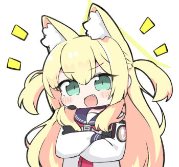 1girl :d animal_ear_fluff animal_ears black_choker black_gloves black_sailor_collar blonde_hair blue_archive blush_stickers choker commentary_request crossed_arms doyagao fang fox_ears fox_girl gloves green_eyes hair_between_eyes halo kurumi_(blue_archive) long_hair long_sleeves looking_at_viewer miranofuudoria neckerchief notice_lines open_mouth red_neckerchief sailor_collar school_uniform serafuku shirt sidelocks simple_background slit_pupils smile smug solo triangle_halo two_side_up upper_body v-shaped_eyebrows very_long_hair white_background white_shirt yellow_halo