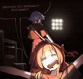 2girls bass_guitar black_shirt black_skirt blue_hair blush bocchi_the_rock! commentary english_commentary english_text green_eyes hair_ornament hairclip highres holding holding_bass_guitar holding_instrument instrument kita_ikuyo layered_sleeves long_hair long_skirt long_sleeves looking_at_viewer machuuu68 medium_hair multiple_girls one_side_up open_mouth pleated_skirt red_hair shirt short_over_long_sleeves short_sleeves skirt tearing_up teeth tongue upper_teeth_only yamada_ryo yellow_eyes yuri